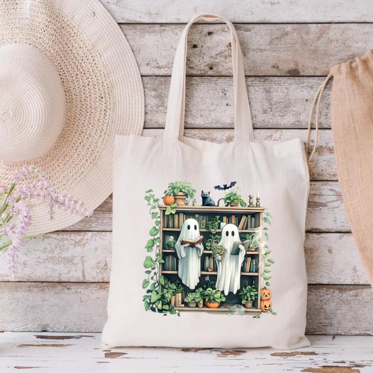 Ghost Plant Library Halloween Reading Books Teacher Vintage Canvas Tote Bag, gift for family, gift for coworker