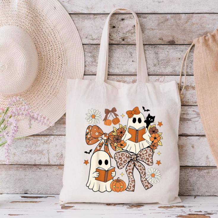 Ghost Reading Books Halloween Bow Spooky Teacher Student Canvas Tote Bag, gift for family, gift for coworker