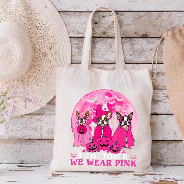 Ghost And Witch Boston Terrier Dog In October We Wear Pink Canvas Tote Bag, Boston Terrier Ghost Tote Bags, gift for family, gift for coworker