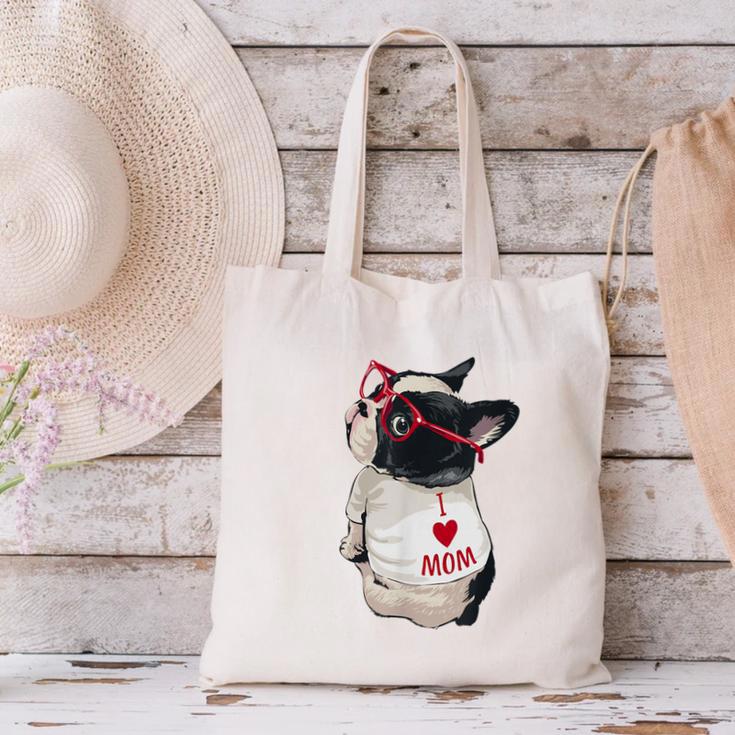 Girls I Heart Mom Love Mama Boston Terrier Dog Lover Canvas Tote Bag, Boston Terrier Mom Tote Bags, gift for family, gift for coworker