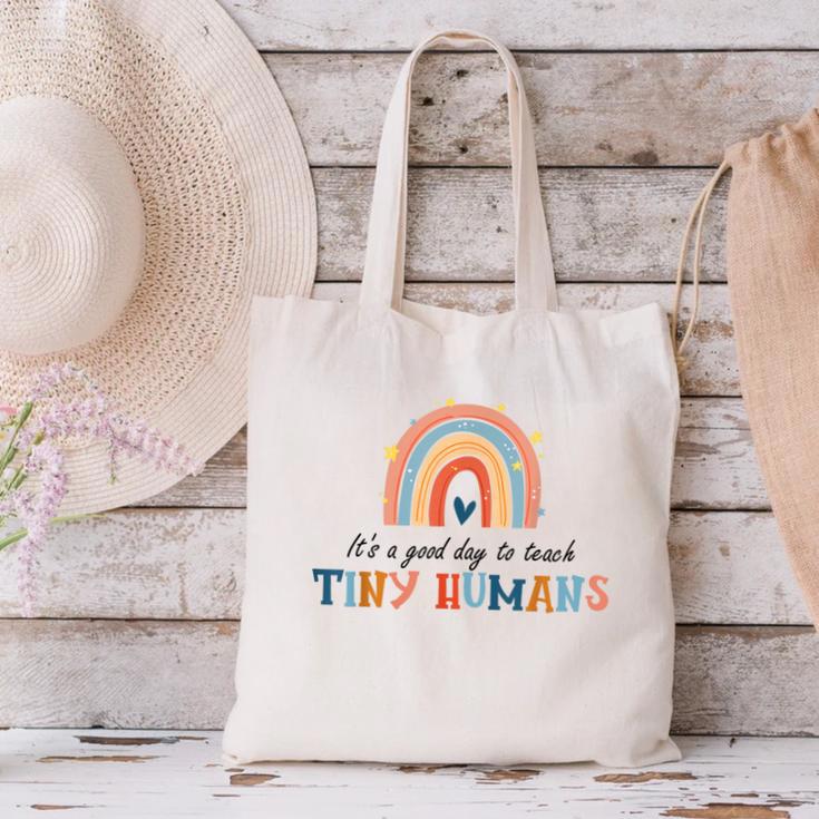 Good Day To Teach Tiny Humans Rainbow Teacher Canvas Tote Bag, gift for family, gift for coworker Good Day To Teach Tiny Humans Rainbow Teacher Canvas Tote Bag, gift for family, gift for coworker