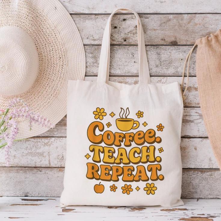 Groovy Coffee Teach Repeat Retro Teacher Canvas Tote Bag, Groovy Teacher Tote Bags, gift for family, gift for coworker Groovy Coffee Teach Repeat Retro Teacher Canvas Tote Bag, Groovy Teacher Tote Bags, gift for family, gift for coworker