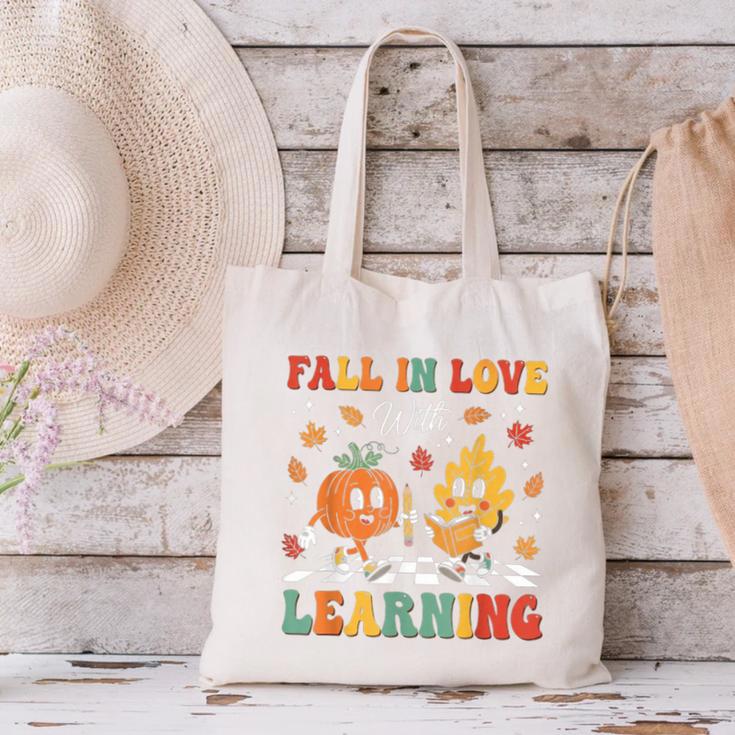 Groovy Fall In Love With Learning Autumn Pumpkin Teacher Canvas Tote Bag, Groovy Teacher Tote Bags, gift for family, gift for coworker