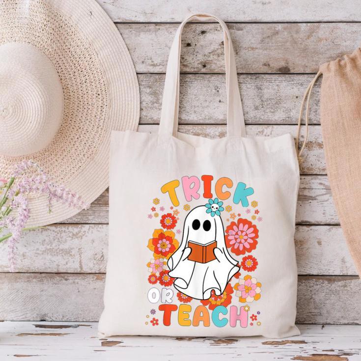 Groovy Halloween Trick Or Teach Retro Floral Ghost Teacher For Men Women Kids Canvas Tote Bag, Groovy Teacher Tote Bags, gift for family, gift for coworker