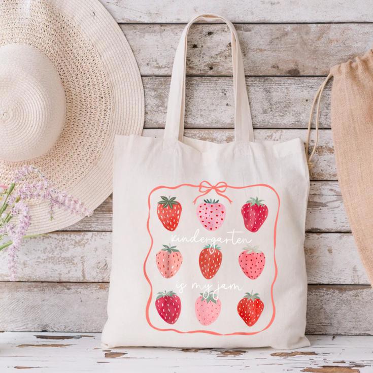 Groovy Kindergarten Is My Jam Strawberry Kinder Team Teacher Canvas Tote Bag, Groovy Teacher Tote Bags, gift for family, gift for coworker