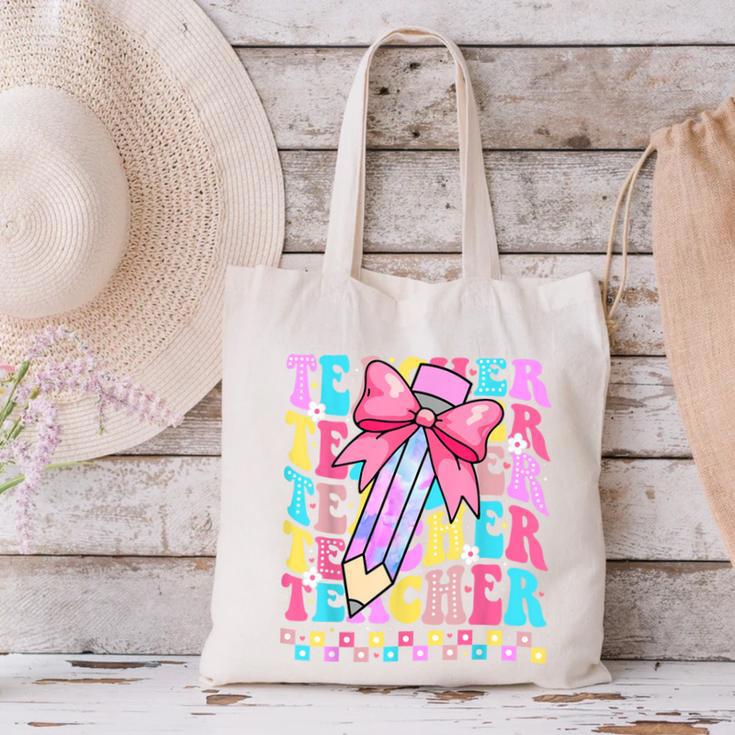 Groovy Teacher Cute Coquette Bow Flower Retro Back To School Canvas Tote Bag, Groovy Teacher Tote Bags, gift for family, gift for coworker Groovy Teacher Cute Coquette Bow Flower Retro Back To School Canvas Tote Bag, Groovy Teacher Tote Bags, gift for family, gift for coworker
