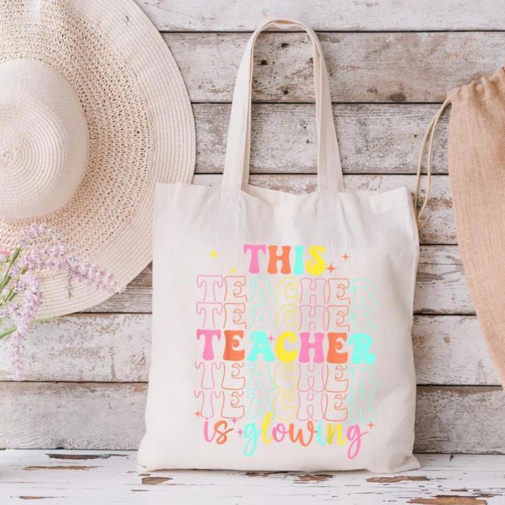 Groovy This Teacher Is Glowing Hello Summer End Of School Canvas Tote Bag, Groovy Teacher Tote Bags, gift for family, gift for coworker
