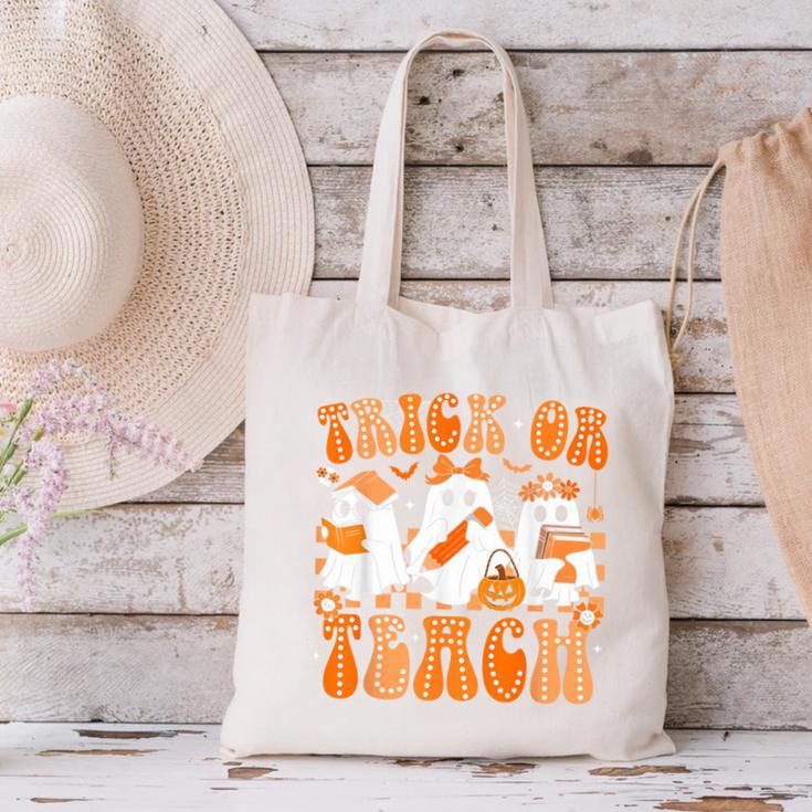 Groovy Teacher Halloween Trick Or Teach Ghost Men Women Kids Canvas Tote Bag, Groovy Teacher Tote Bags, gift for family, gift for coworker Groovy Teacher Halloween Trick Or Teach Ghost Men Women Kids Canvas Tote Bag, Groovy Teacher Tote Bags, gift for family, gift for coworker
