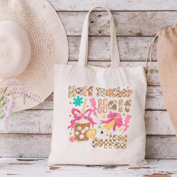 Half Teacher Half Iced Coffee Back To School Canvas Tote Bag, gift for family, gift for coworker Half Teacher Half Iced Coffee Back To School Canvas Tote Bag, gift for family, gift for coworker