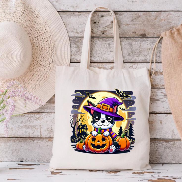 Halloween Boston Terrier Dog Breed With Jack O' Lantern Art Canvas Tote Bag, Boston Terrier Halloween Tote Bags, gift for family, gift for coworker