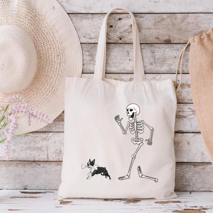 Halloween Boston Terrier And Skeleton Canvas Tote Bag, Boston Terrier Halloween Tote Bags, gift for family, gift for coworker