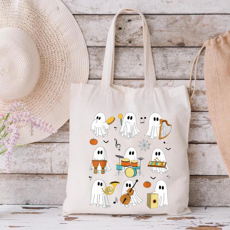 Halloween Ghost Music Teacher Playing Instruments Canvas Tote Bag, gift for family, gift for coworker Halloween Ghost Music Teacher Playing Instruments Canvas Tote Bag, gift for family, gift for coworker