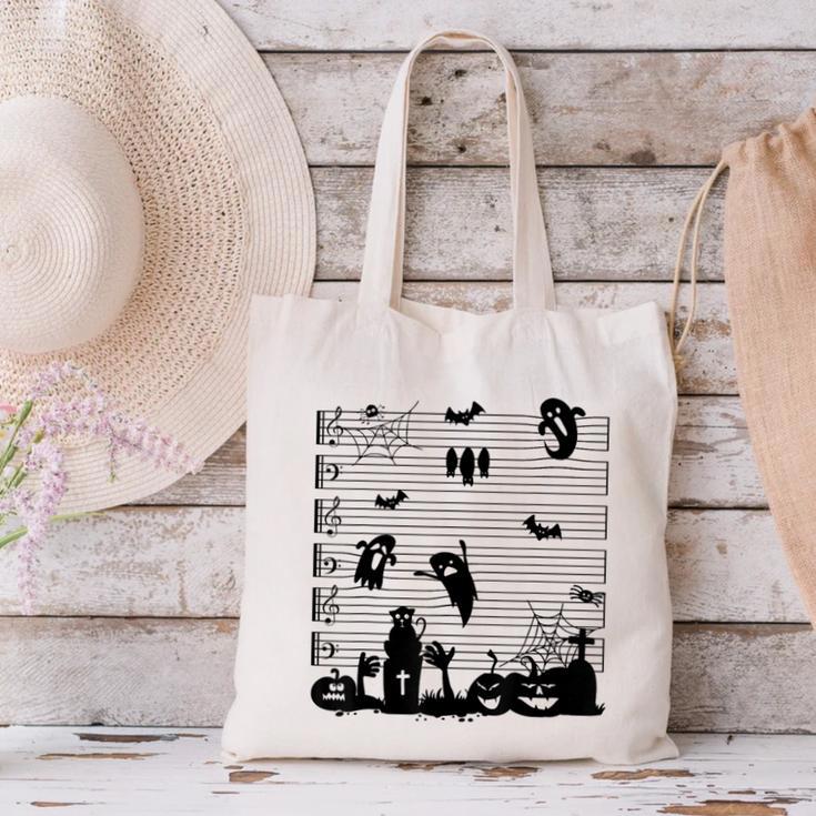 Halloween Music Note Clefs Spooky Ghost For Music Teacher Canvas Tote Bag, gift for family, gift for coworker Halloween Music Note Clefs Spooky Ghost For Music Teacher Canvas Tote Bag, gift for family, gift for coworker