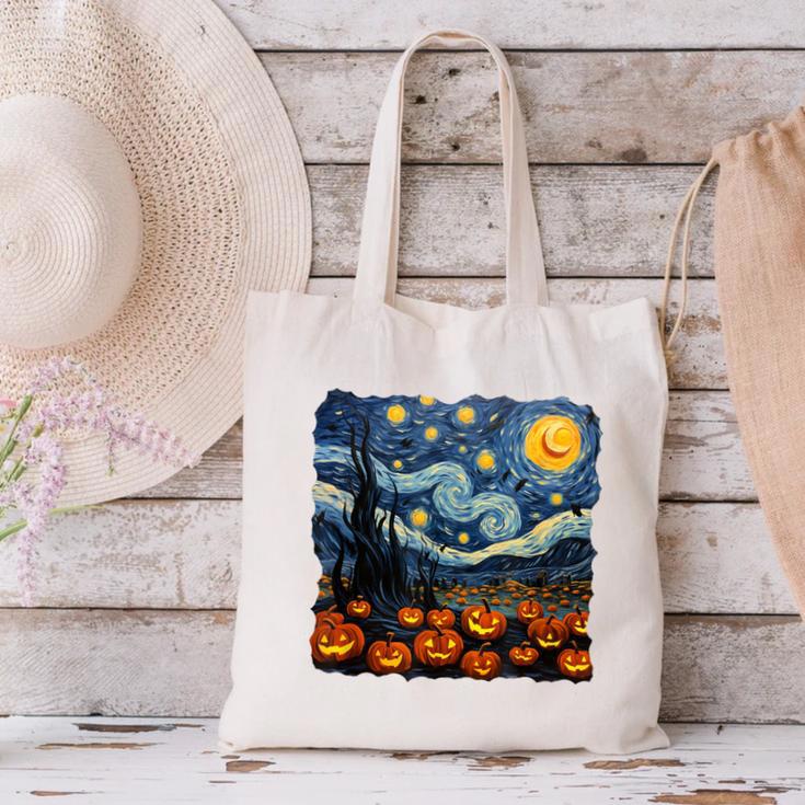 Halloween Pumpkin Starry Night Van Gogh Art Teacher Canvas Tote Bag, gift for family, gift for coworker