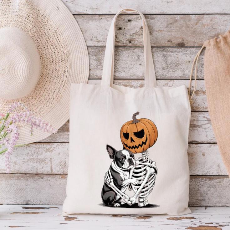 Halloween Skeleton Boston Terrier Canvas Tote Bag, Boston Terrier Halloween Tote Bags, gift for family, gift for coworker