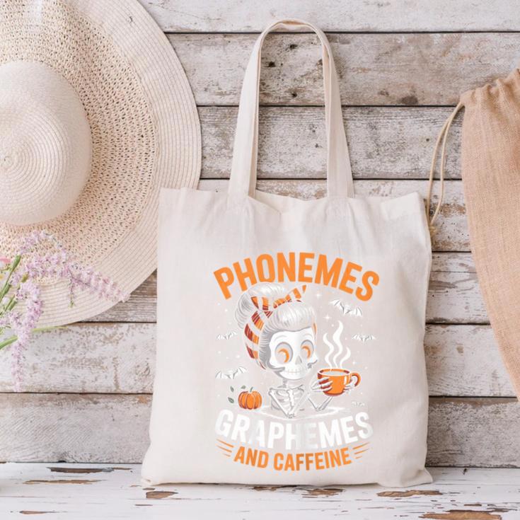 Halloween Skeleton Teacher Phonemes Graphemes Caffeine Lover Canvas Tote Bag, gift for family, gift for coworker Halloween Skeleton Teacher Phonemes Graphemes Caffeine Lover Canvas Tote Bag, gift for family, gift for coworker