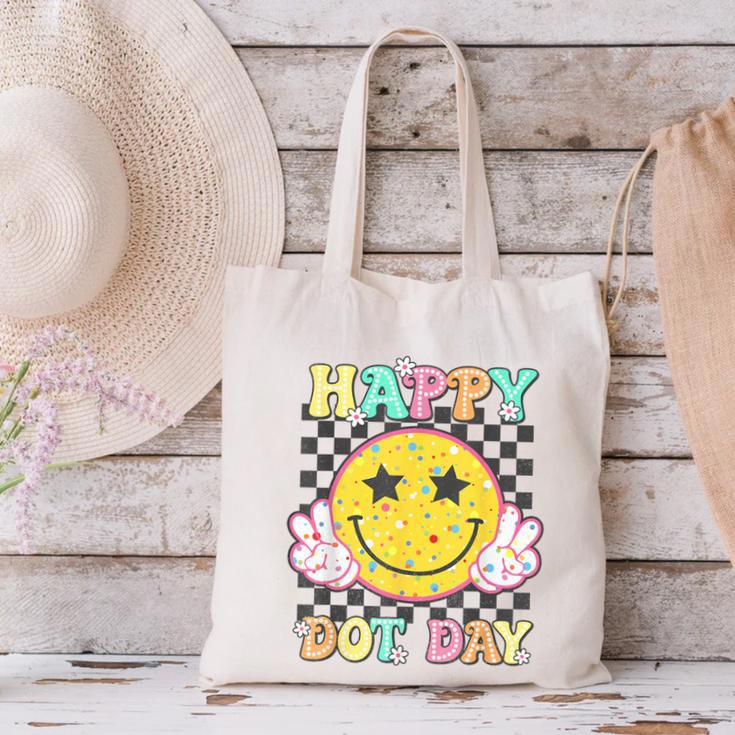 Happy Dot Day Hippie Flowers Smile Face Groovy Teacher Kids Canvas Tote Bag, Groovy Teacher Tote Bags, gift for family, gift for coworker Happy Dot Day Hippie Flowers Smile Face Groovy Teacher Kids Canvas Tote Bag, Groovy Teacher Tote Bags, gift for family, gift for coworker
