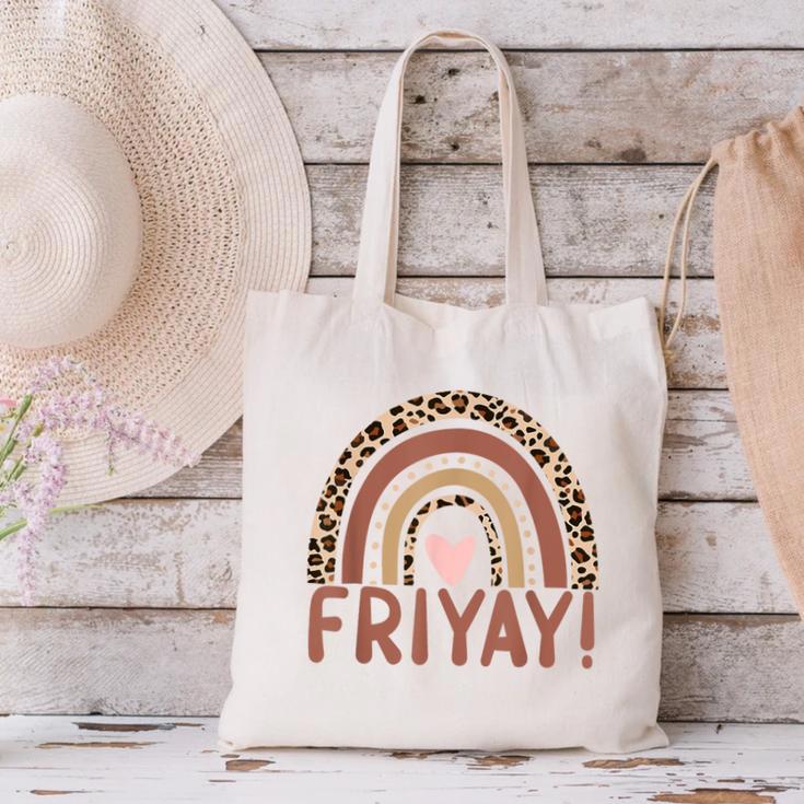 Happy Fri-Yay Friday Lovers Fun Teacher Leopard Rainbow Men Women Girls Kids Canvas Tote Bag, gift for family, gift for coworker