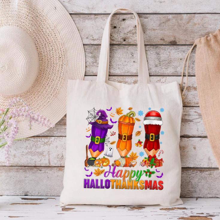 Happy Hallothanksmas Halloween Thanksgiving Pencils Teachers Canvas Tote Bag, gift for family, gift for coworker Happy Hallothanksmas Halloween Thanksgiving Pencils Teachers Canvas Tote Bag, gift for family, gift for coworker