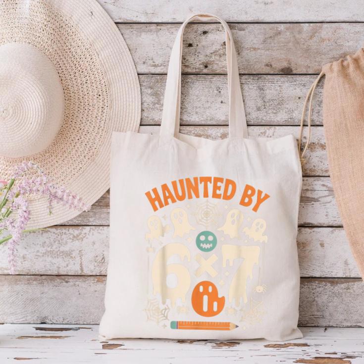 Haunted By 6x7 Math Teacher Halloween Pun Canvas Tote Bag, gift for family, gift for coworker