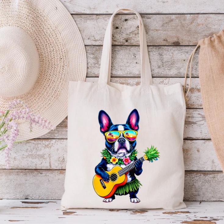 Hawaiian Boston Terrier & Pineapple Ukulele Summer Vacation Canvas Tote Bag, gift for family, gift for coworker