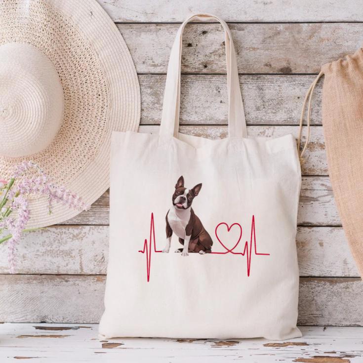 Heartbeat Boston Terrier Dog Canvas Tote Bag, gift for family, gift for coworker