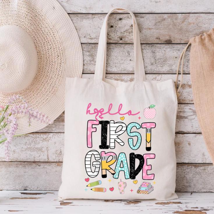 Hello First Grade Teacher Coquette Pencil Bow Back To School Canvas Tote Bag, First Grade Teacher Tote Bags, gift for family, gift for coworker Hello First Grade Teacher Coquette Pencil Bow Back To School Canvas Tote Bag, First Grade Teacher Tote Bags, gift for family, gift for coworker
