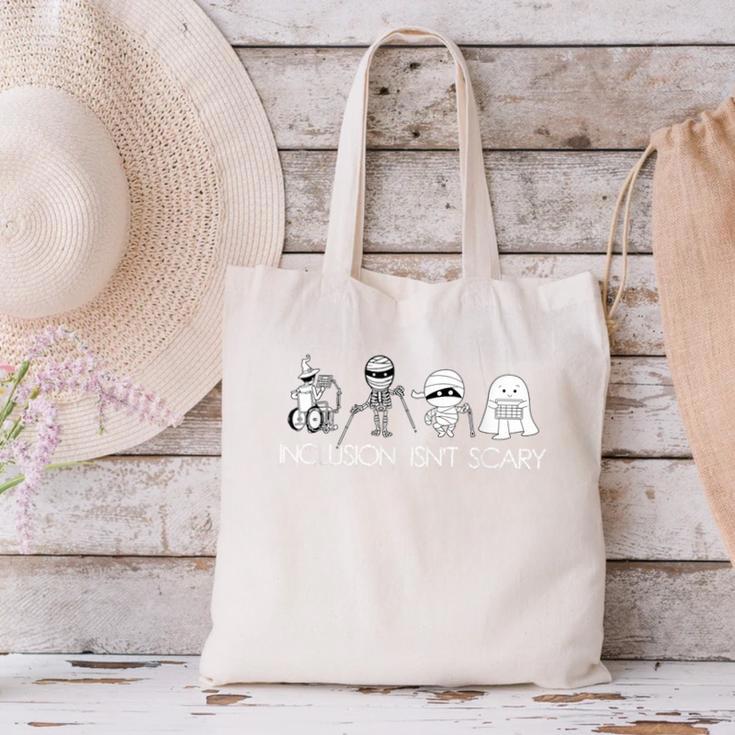 Inclusion Isn't Scary Slp Halloween Sped Teacher Ghost Mummy Canvas Tote Bag, gift for family, gift for coworker Inclusion Isn't Scary Slp Halloween Sped Teacher Ghost Mummy Canvas Tote Bag, gift for family, gift for coworker