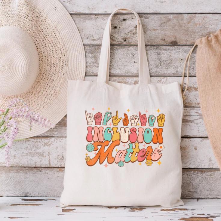 Inclusion Matters Groovy American Sign Language ASL Teacher For Men Women Canvas Tote Bag, Groovy Teacher Tote Bags, gift for family, gift for coworker Inclusion Matters Groovy American Sign Language ASL Teacher For Men Women Canvas Tote Bag, Groovy Teacher Tote Bags, gift for family, gift for coworker