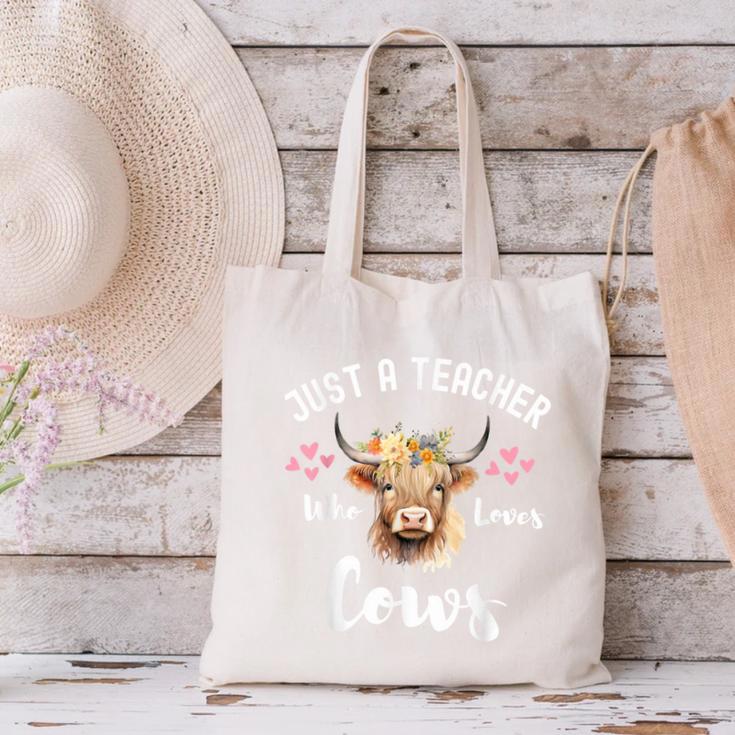 Just A Teacher Who Loves Cows Shirt Cute Highland Cow Canvas Tote Bag, gift for family, gift for coworker