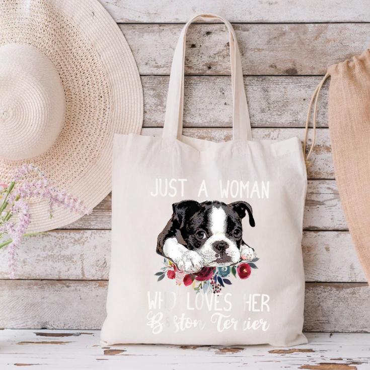 Just a Woman Who Loves Her Boston Terrier Cute Dog Mom Canvas Tote Bag, Boston Terrier Mom Tote Bags, gift for family, gift for coworker