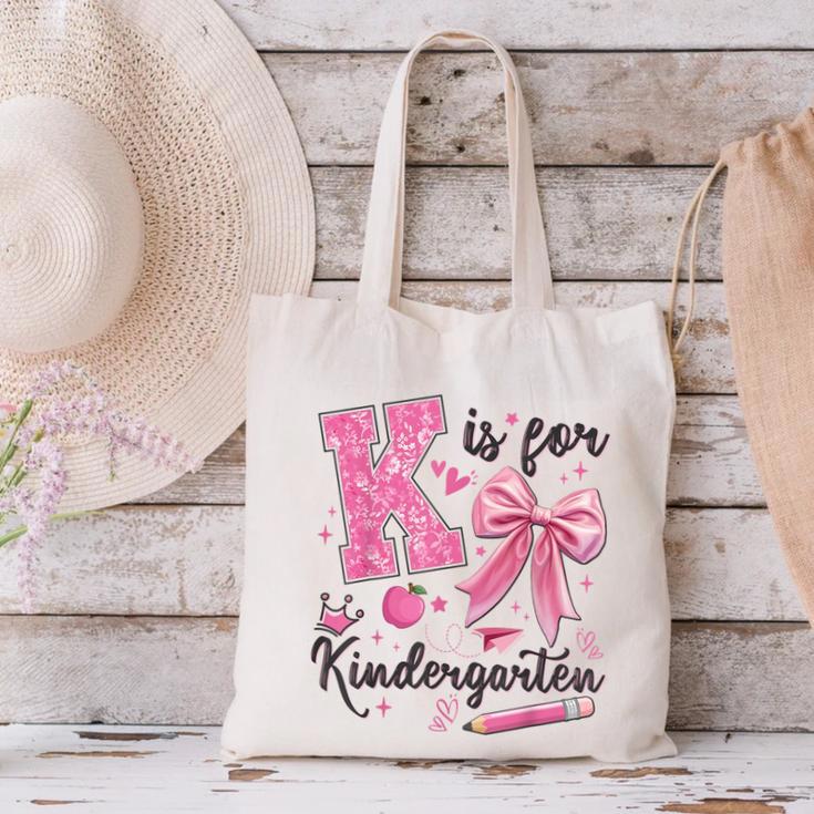 K Is For Kindergarten Teacher Coquette Bow Back To School Canvas Tote Bag, gift for family, gift for coworker K Is For Kindergarten Teacher Coquette Bow Back To School Canvas Tote Bag, gift for family, gift for coworker