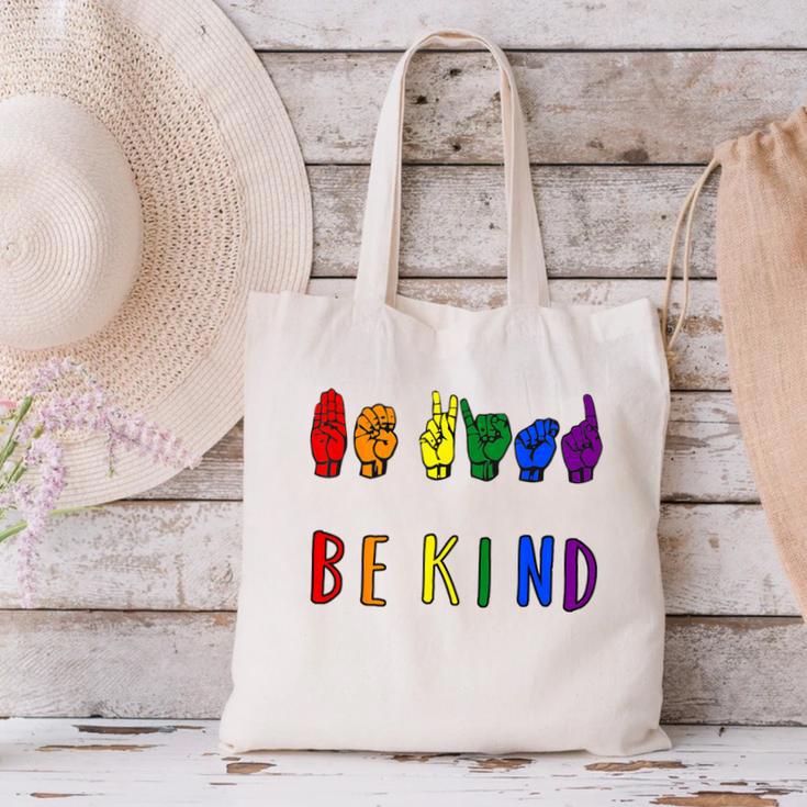 Be Kind Pride Sign Language Rainbow Teachers Interpreter ASL Canvas Tote Bag, gift for family, gift for coworker