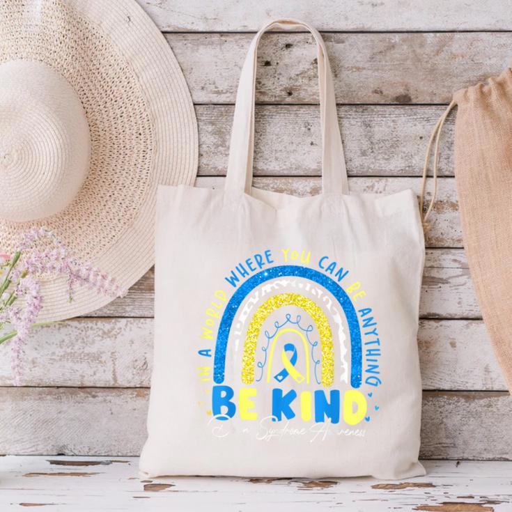 Be Kind Rainbow Down Syndrome Awareness Teacher Blue Yellow Canvas Tote Bag, gift for family, gift for coworker