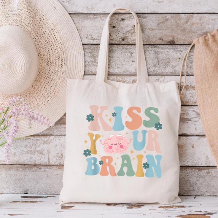 Kiss Your Brain Teacher Inspire Educate Groovy Retro Vintage Canvas Tote Bag, Groovy Teacher Tote Bags, gift for family, gift for coworker Kiss Your Brain Teacher Inspire Educate Groovy Retro Vintage Canvas Tote Bag, Groovy Teacher Tote Bags, gift for family, gift for coworker