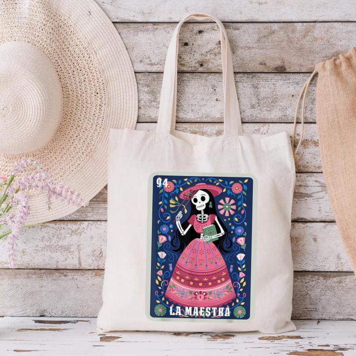 La Maestra Halloween Mexican Bingo Card Teacher Lottery Card Canvas Tote Bag, gift for family, gift for coworker La Maestra Halloween Mexican Bingo Card Teacher Lottery Card Canvas Tote Bag, gift for family, gift for coworker