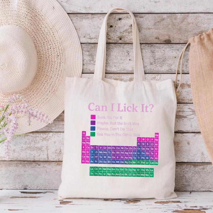 Can I Lick It Periodic Table Teacher Student Kids Canvas Tote Bag, gift for family, gift for coworker