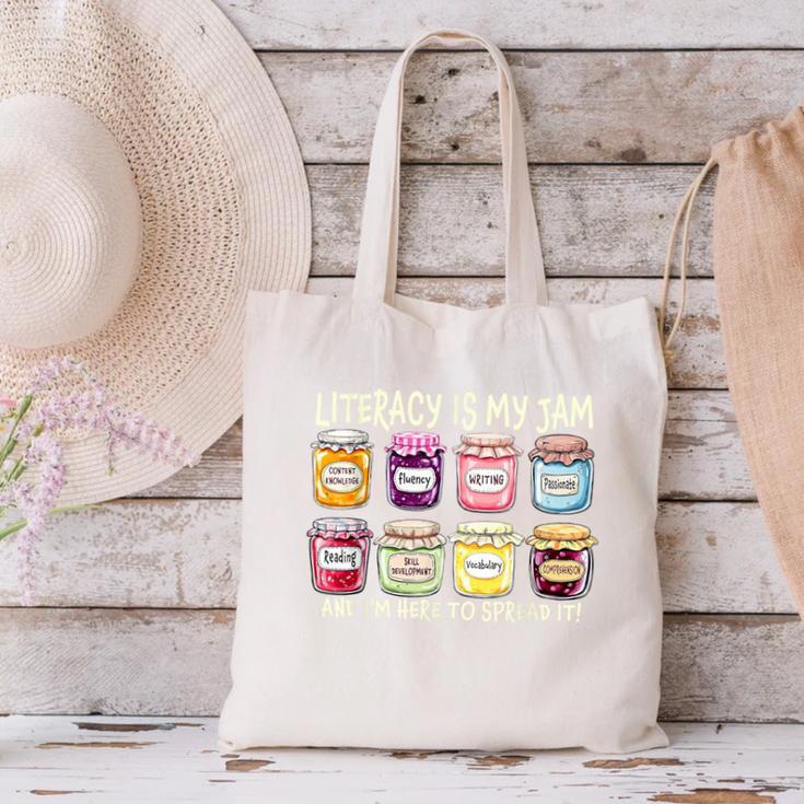 Literacy Is My Jam And I'm Here To Spread Literacy Teacher Canvas Tote Bag, gift for family, gift for coworker Literacy Is My Jam And I'm Here To Spread Literacy Teacher Canvas Tote Bag, gift for family, gift for coworker