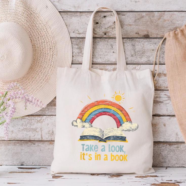 Take a Look It's In a Book Vintage Reading Teacher Rainbow Canvas Tote Bag, gift for family, gift for coworker Take a Look It's In a Book Vintage Reading Teacher Rainbow Canvas Tote Bag, gift for family, gift for coworker