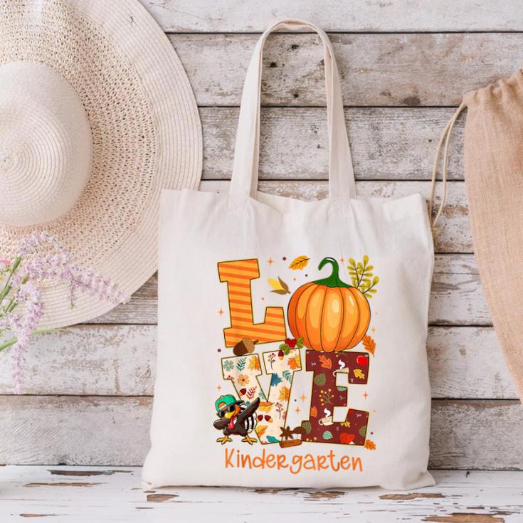 Love Kindergarten Teacher Turkey Thanksgiving Autumn Fall Canvas Tote Bag, gift for family, gift for coworker