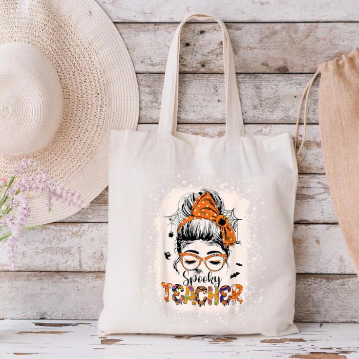 Messy Bun Spooky Teacher Bleached Halloween Teachers Canvas Tote Bag, gift for family, gift for coworker
