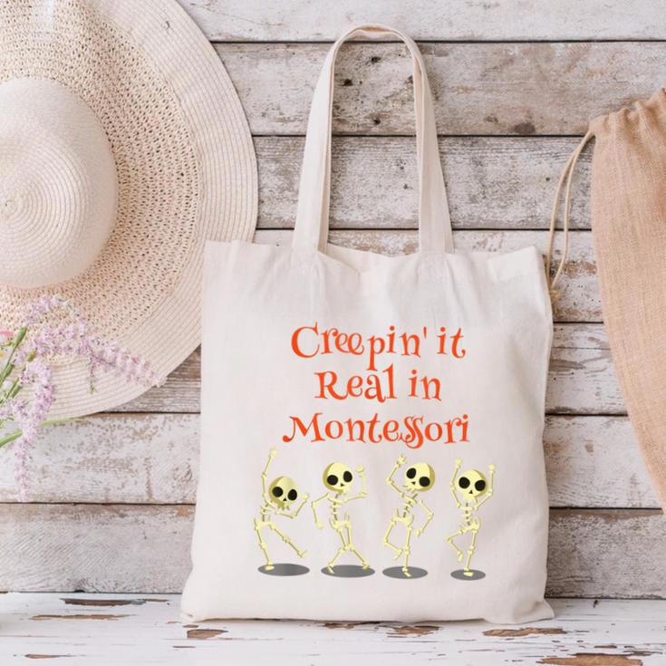Montessori Creepin' It Real HALLOWEEN School Teacher Shirt Canvas Tote Bag, gift for family, gift for coworker