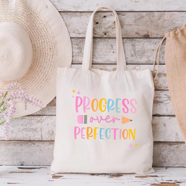 Motivational Progress Over Perfection Back To School Teacher Canvas Tote Bag, gift for family, gift for coworker Motivational Progress Over Perfection Back To School Teacher Canvas Tote Bag, gift for family, gift for coworker