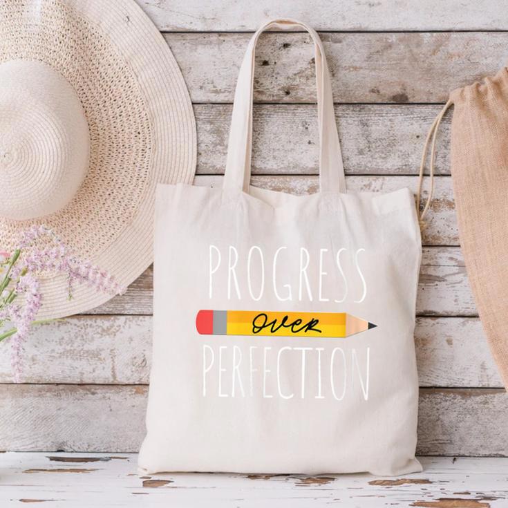 Motivational Progress Over Perfection Back To School Teacher Canvas Tote Bag, gift for family, gift for coworker