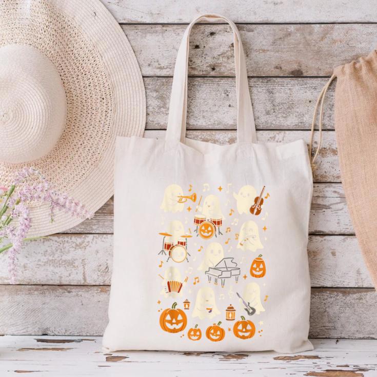 Music Teacher Orchestra Shirt Spooky Halloween Ghost Band Canvas Tote Bag, gift for family, gift for coworker