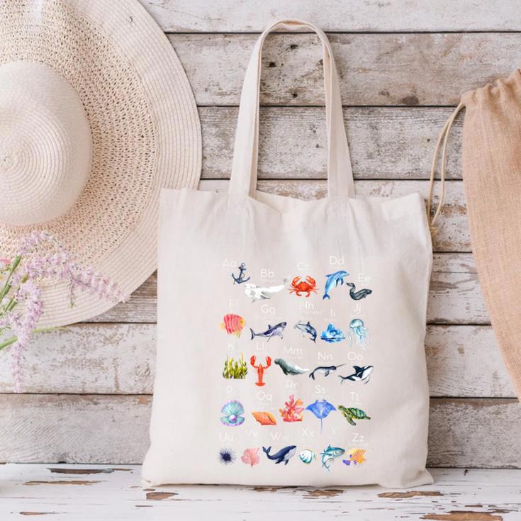 Ocean Animals Alphabet Cute Sea Life ABC Marine Kids Teacher Canvas Tote Bag, gift for family, gift for coworker