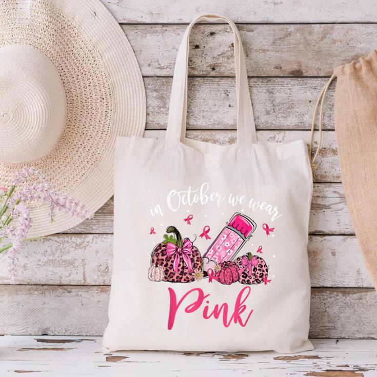 In October We Wear Pink Apple Teacher Daisy Breast Cancer Canvas Tote Bag, gift for family, gift for coworker