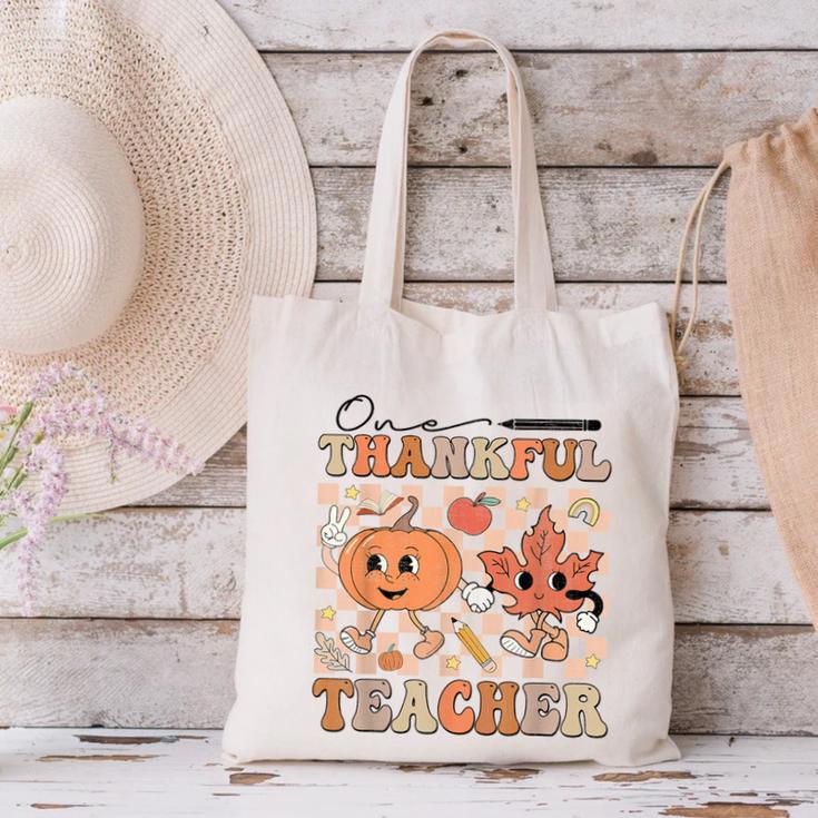 One Thankful Teacher Thanksgiving Groovy Fall Autumn Teacher Canvas Tote Bag, Groovy Teacher Tote Bags, gift for family, gift for coworker