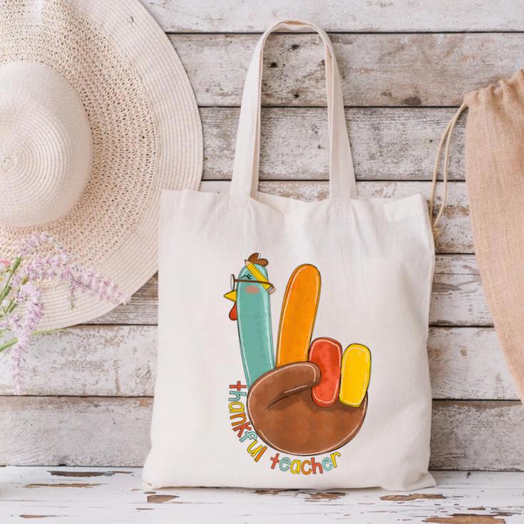 One Thankful Teacher Thanksgiving Turkey Peace Hand Sign Canvas Tote Bag, gift for family, gift for coworker One Thankful Teacher Thanksgiving Turkey Peace Hand Sign Canvas Tote Bag, gift for family, gift for coworker