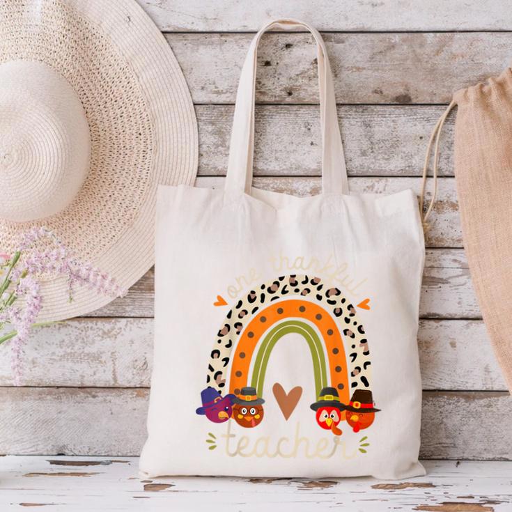 One Thankful Teacher Thanksgiving Turkey Rainbow Fall Canvas Tote Bag, gift for family, gift for coworker
